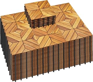 PrimeZone 162 PCS Solid Acacia Wood Interlocking Patio Deck Tiles - 12" x 12" Indoor Outdoor Waterproof Flooring Tiles for Balcony, Backyard & Poolside, All Weather Use, Natural Wood, Square