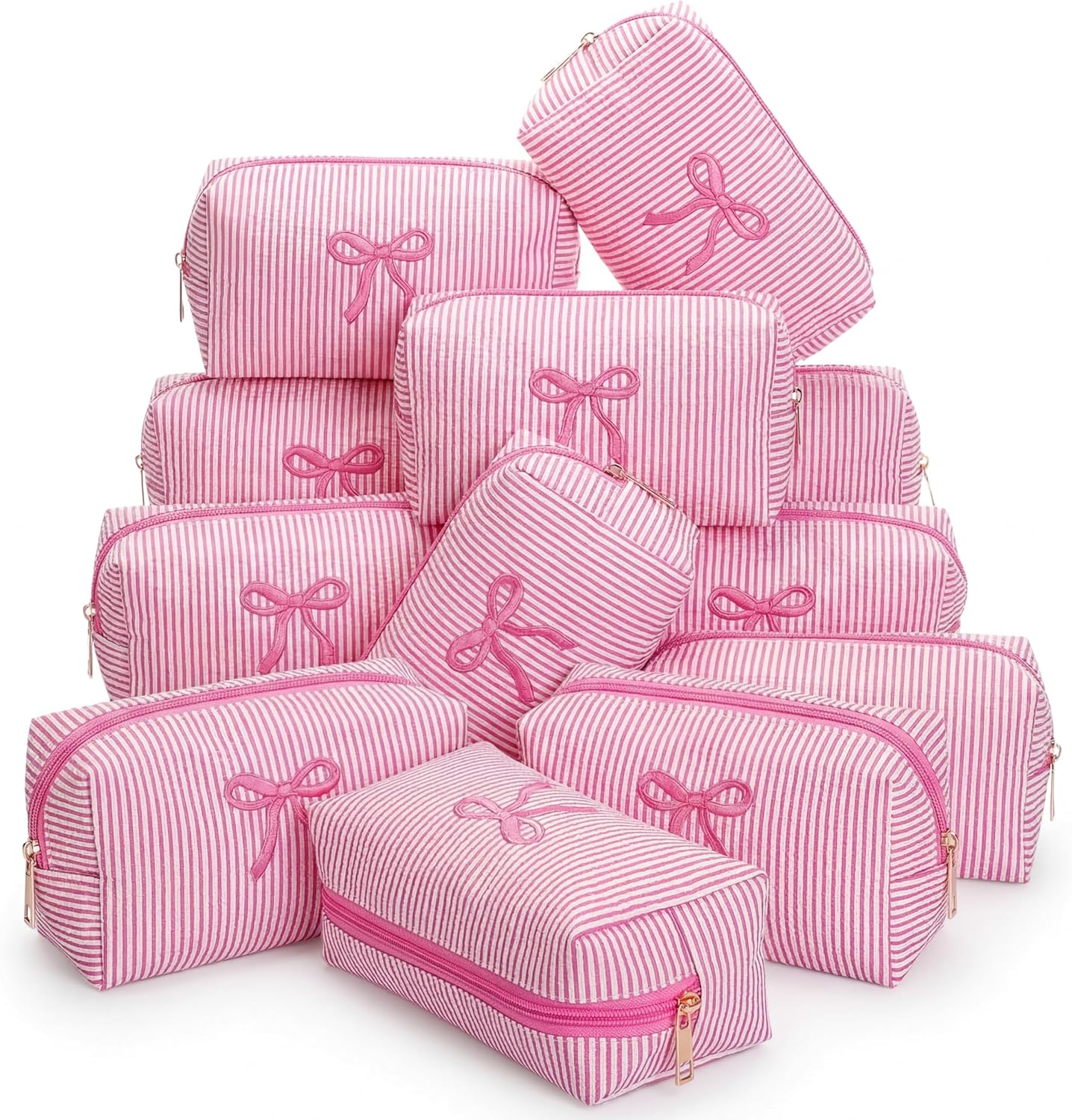 12 Pcs Pink Bow Seersucker Cosmetic Bags Bulk Seersucker Makeup Bags Stripe Women Pouch Large Preppy Storage Pouch Toiletry Travel Organizer for Party Favor