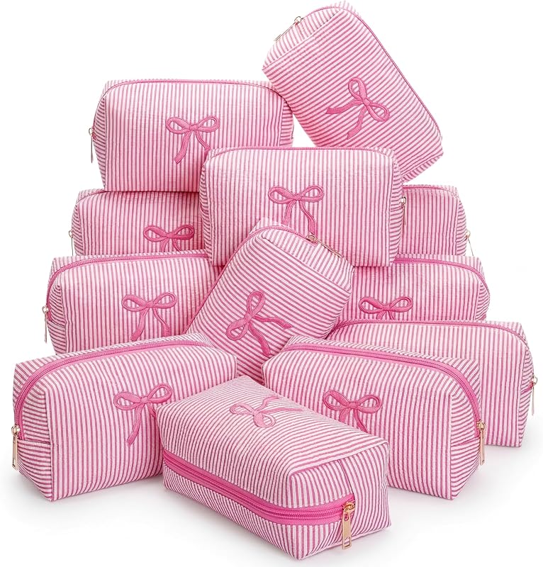 SilTriangle Necessaires de Tecido Seersucker Rosa com Laço e Zíper, Pacote com 12