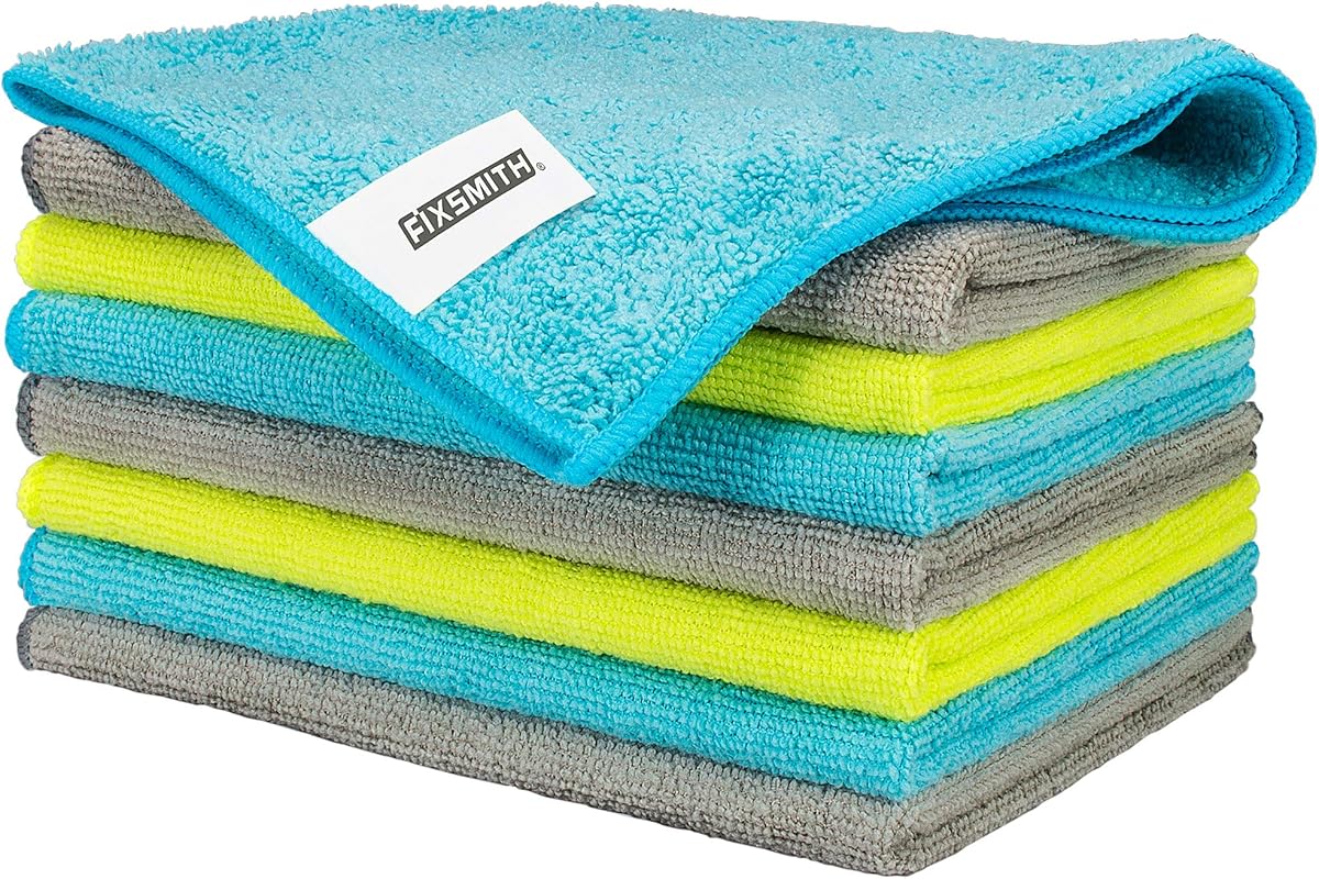 FIXSMITH Microfiber Cleaning Cloth - Pack of 8, Size: 12 x 16 in, Multi-Functional Cleaning Towels, Highly Absorbent Cleaning Rags, Lint-Free, Streak-Free Cleaning Cloths for Car Kitchen Home Office.