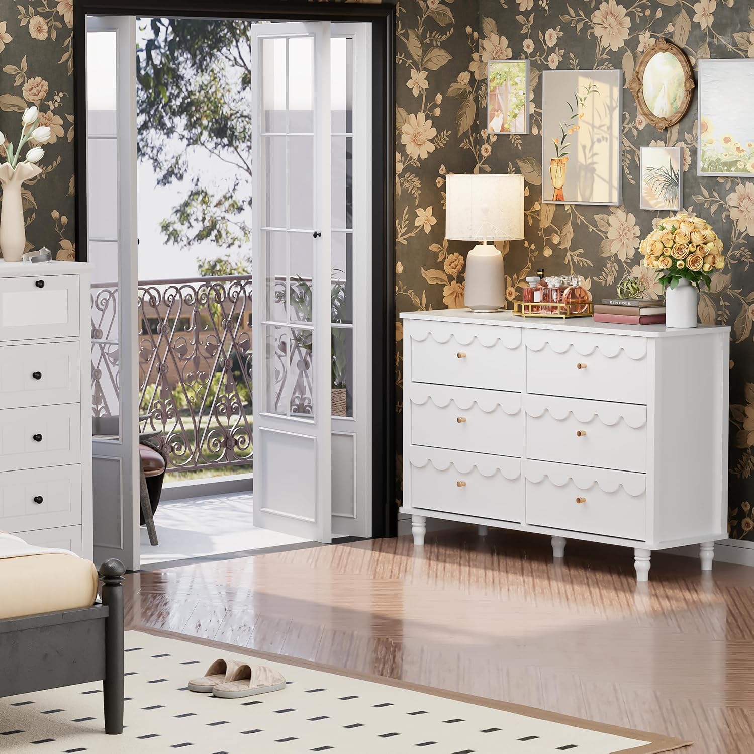 Anbuy Scalloped Dresser for Bedroom White 6 Drawer Dresser for Girls, Modern Wide Chest of Drawers, Organizer Storage with Drawers, Fluted Petal Pattern Large Storage Cabinet for Living Room, Porch