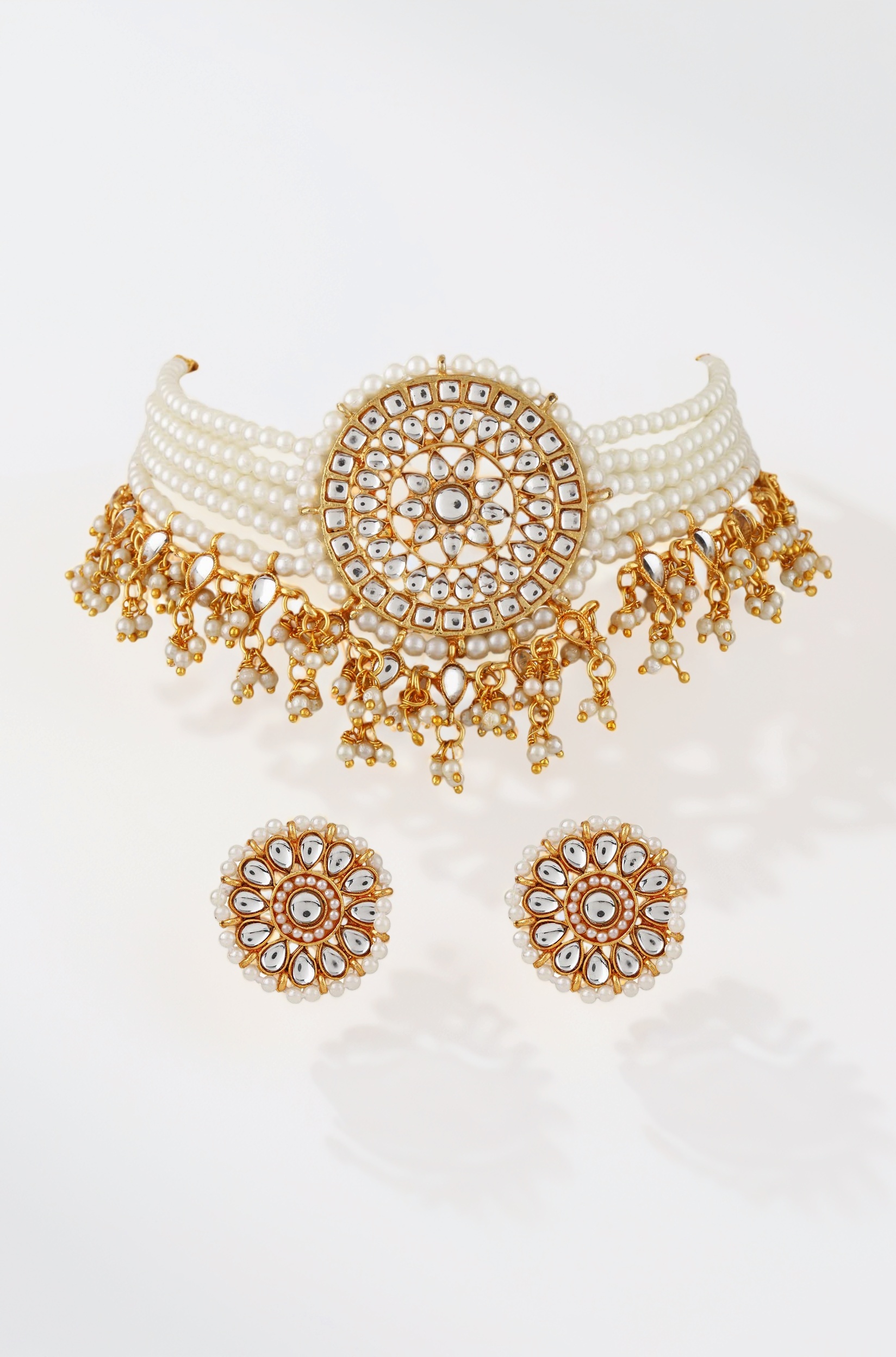 Shining Diva Fashion 18k Gold Plated Latest Stylish Choker Traditional Pearl Kundan Necklace Jewellery Set for Women