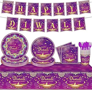 Indian Diwali Party Supplies Tableware Set, Include Happy Diwali Festival of Lights Dinner Banner Plates Cups Napkins Tablecloth ,Serves 20