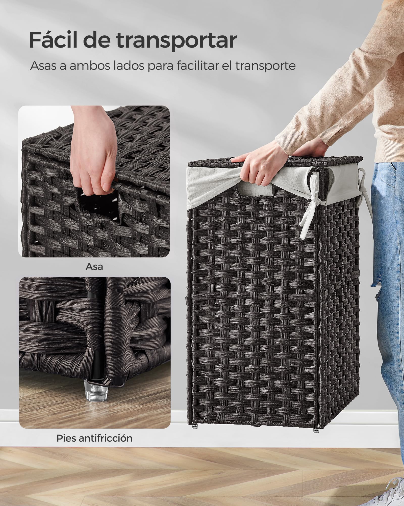 SONGMICS Cesta de Almacenamiento, Cesta de Lavandería de 90 L con Tapa, Plegable, Bolsas de Tela Extraíbles y Asas, para Mantas, Ropa, Salón, Dormitorio, Lavadería, Negro LCB51BK | Eliott LCB51BK - Cesto para lavandería trenzado extraíble con tapa y asas,