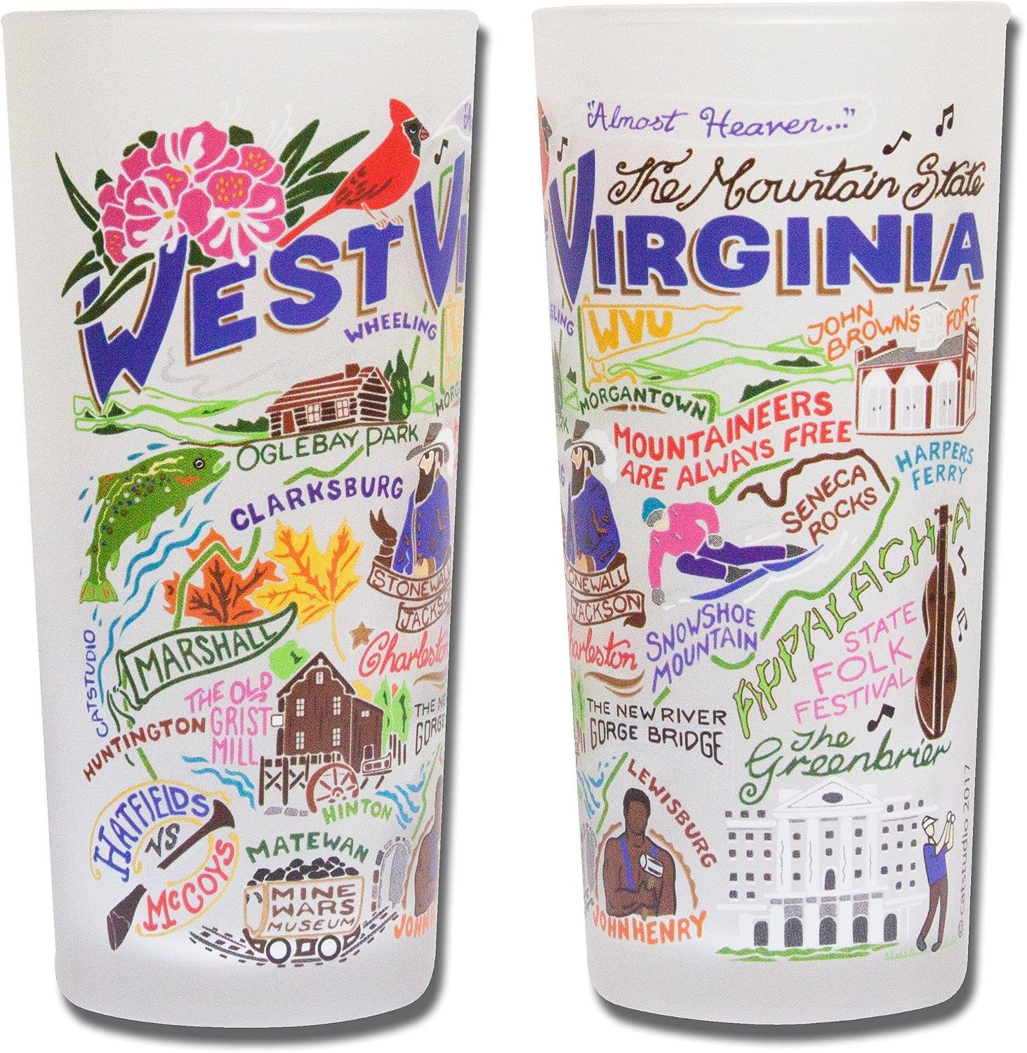 Catstudio Drinking Glass, West Virginia Frosted Glass Cup for Kitchen, Drinking Glasses, 15oz Dishwasher Safe Tumbler for West Virginia Lovers