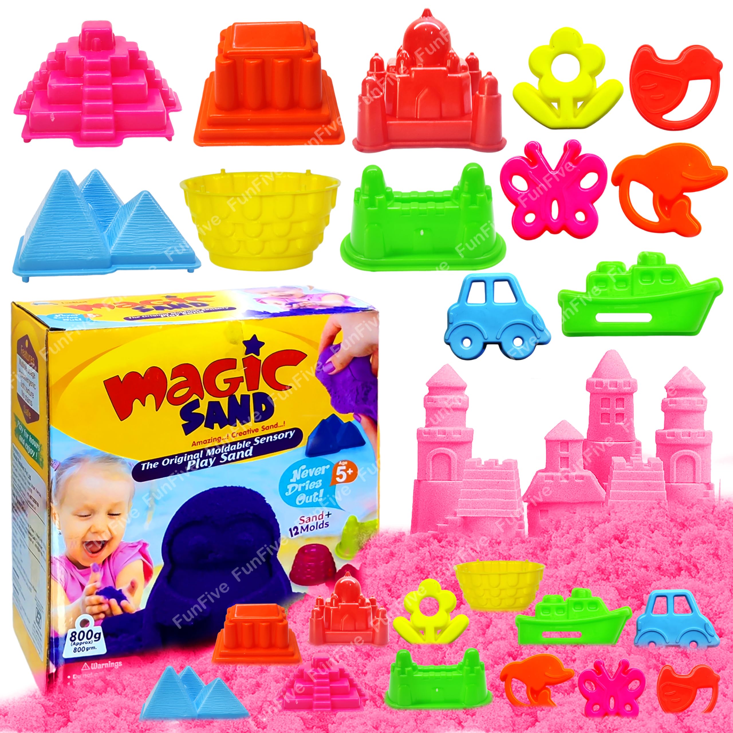FunFive Sand with Mould for Kids – Natural Kinetic Sand, Soft Sand Clay Toys with Moulds for Kids, Sand Clay, Smooth and Non-Sticky Sand for Kid, (800 GR Sand & 12 Pcs Mould) (Pink)