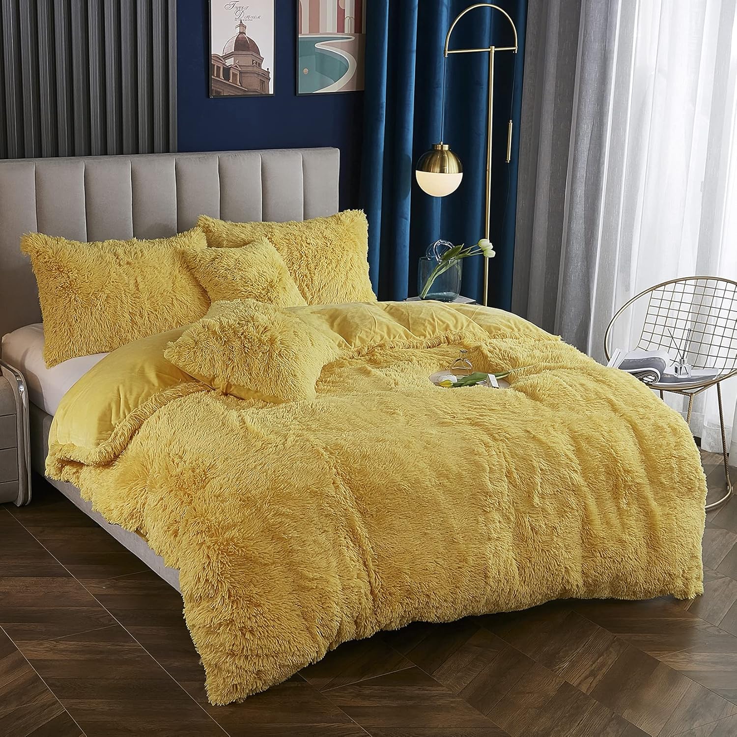 Yaoshuho Plush Fluffy Duvet Cover Twin Size Luxury Ultra Soft Shaggy Duvet Cover Set Faux Fur Comforter Bedding Set(1 Duvet Cover + 1 Pillow Shams), Yellow - Image 2