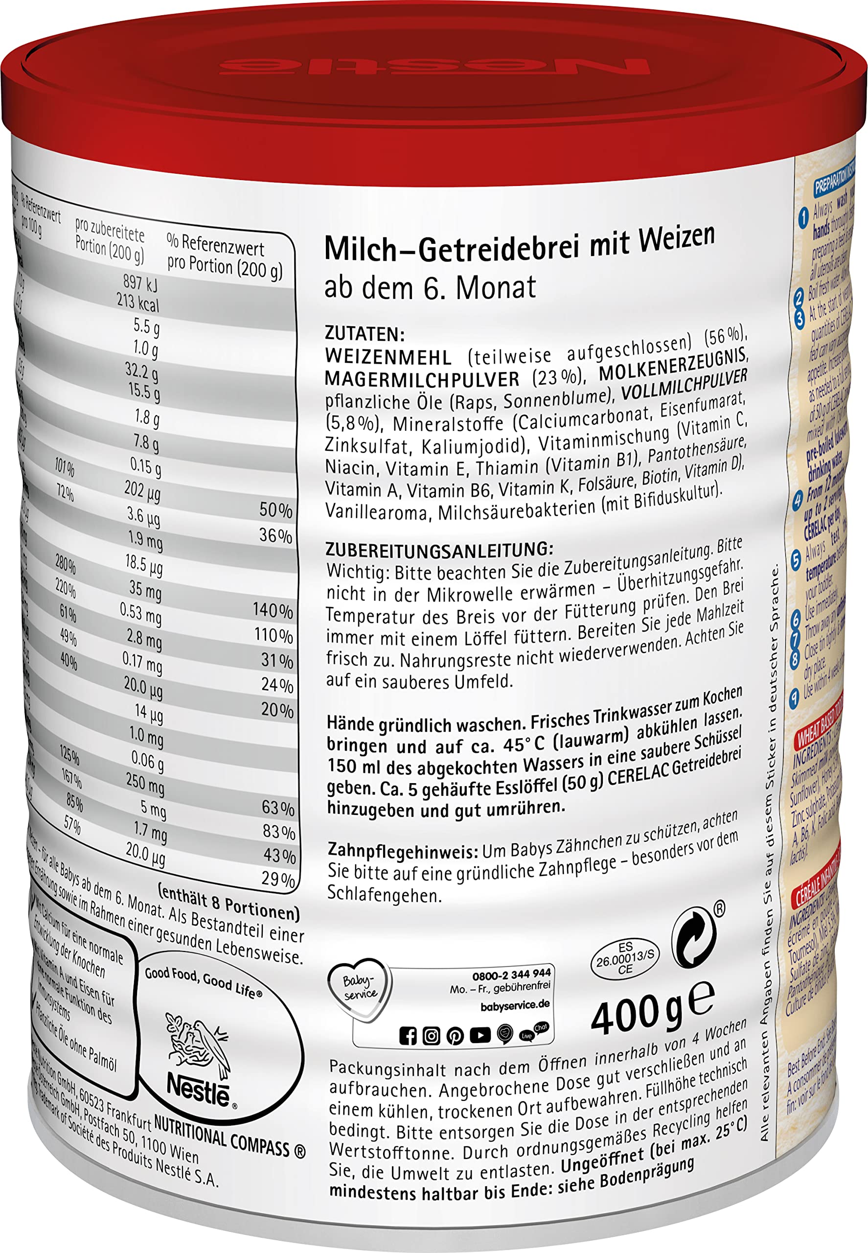 Nestlé CERELAC Milch-Getreidebrei mit Honig – die weltweite Nr. 1 der Babybreie, ab dem 12. Monat, 6er Pack (6 x 400g)