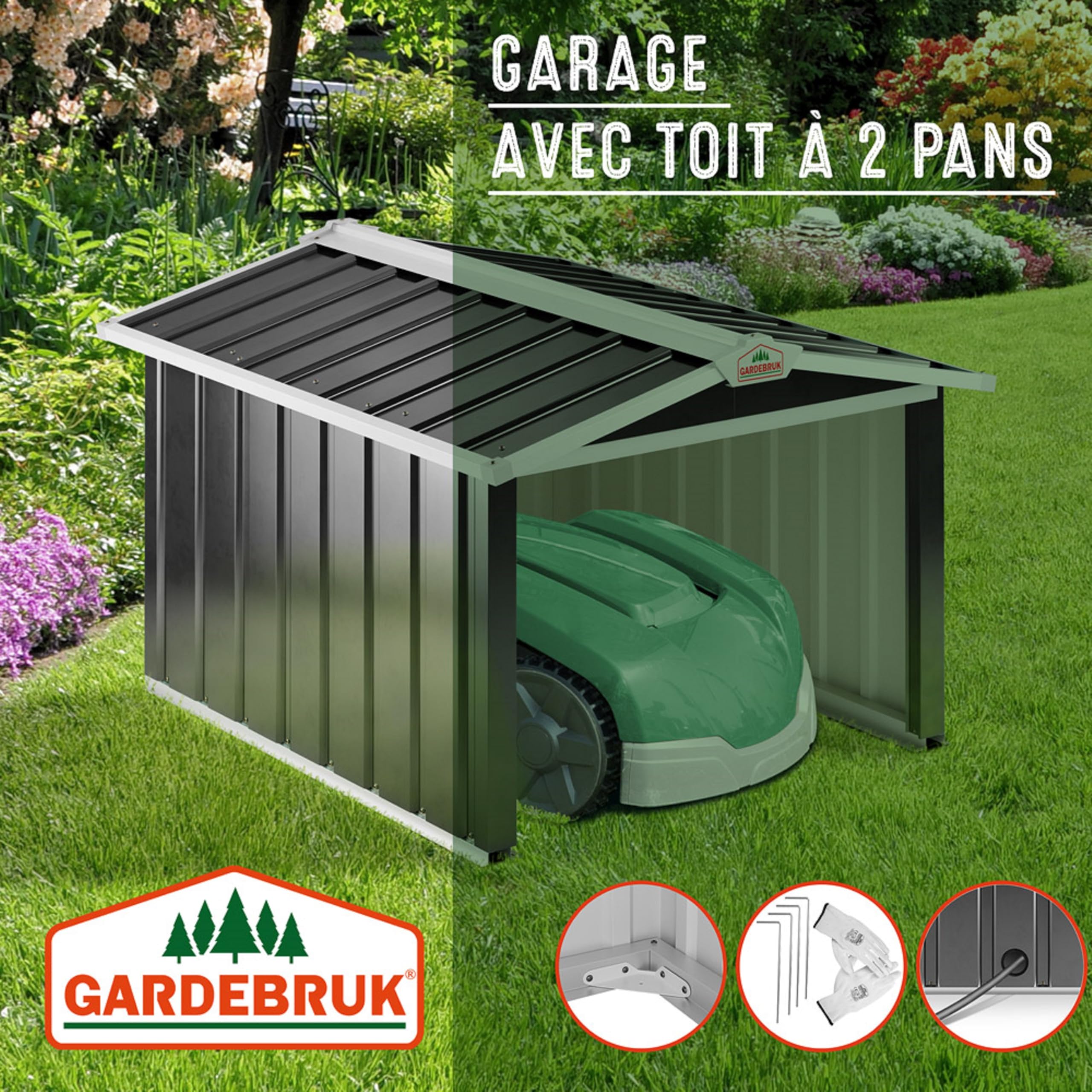 GARDEBRUK® Abri Robot Tondeuse 86x100x63cm Toit à 2 pans métal résistant intempéries 4X piquets Terre Garage Outillage carport Jardin Herbe Anthracite