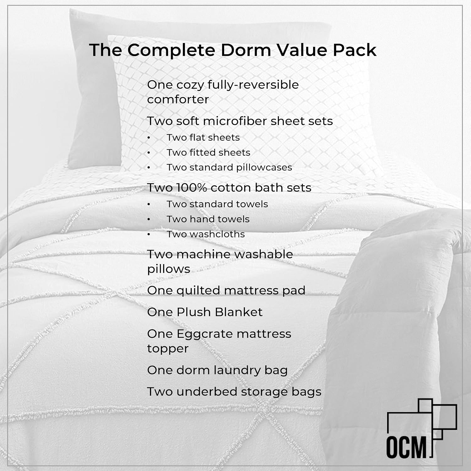 OCM Complete Dorm Essentials Value Pack - 21 Piece Twin XL Set | Twin XL | Comforter, Sheets, Topper, Blanket, Towels, Storage & More | Keaton | Graphic Blue Plaid & Solids