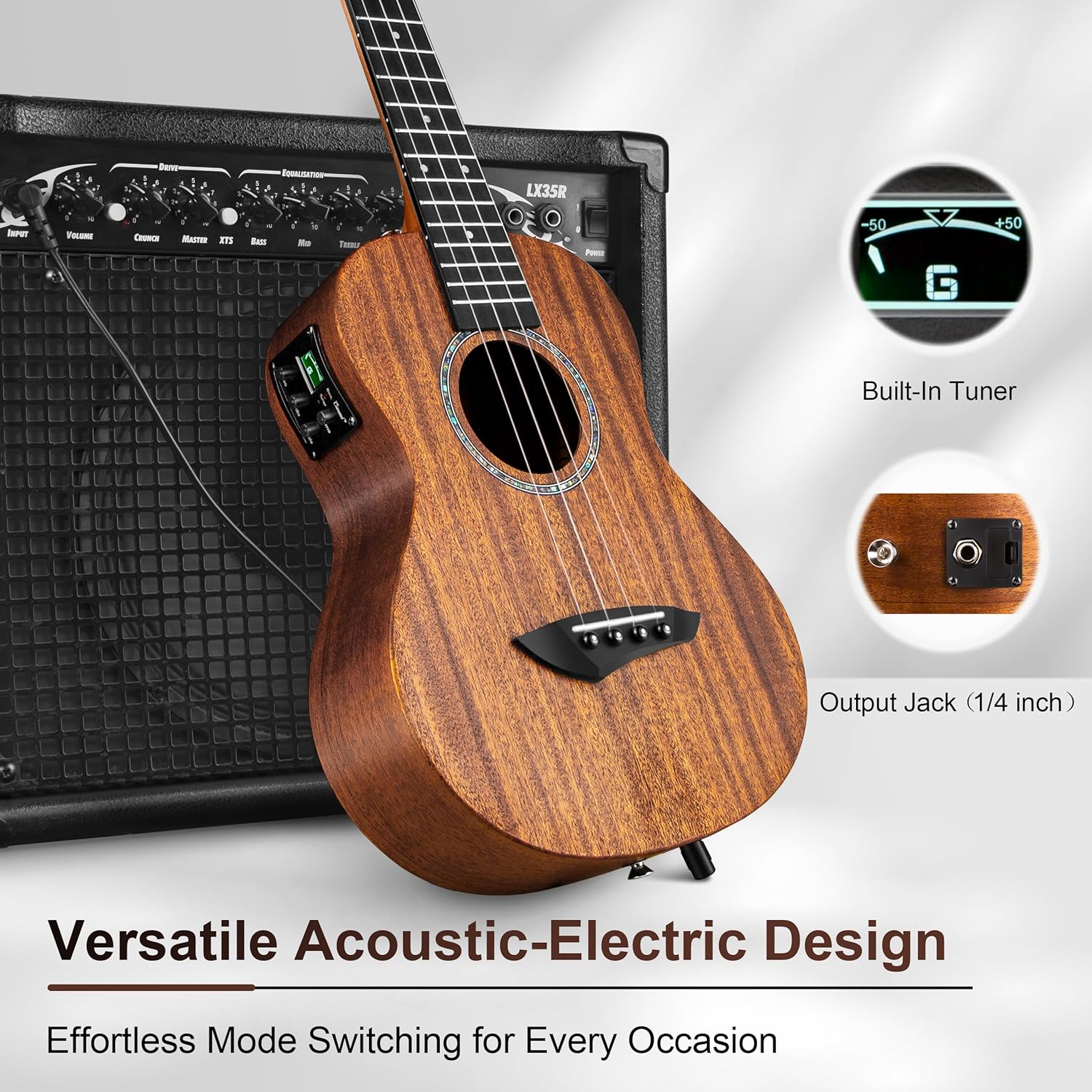 26 inch Caramel CT402 All Solid Mahogany Tenor Ukulele LCD color display Electric Uke Beginners Guitar Starter Pack Bundle Gig bag Strap Ukelele Set