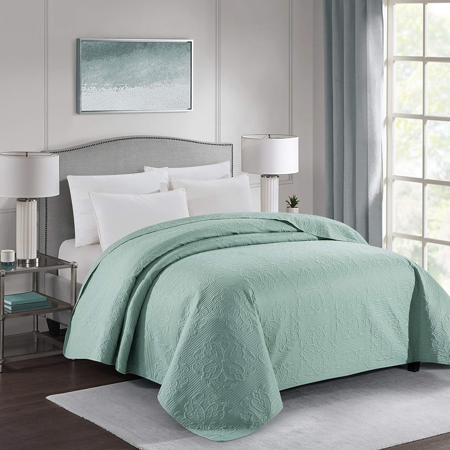 ALPHA HOME Embossing Bed Quilt Twin Size 68"*90" Polyester Lightweight Checked Bedspread Quilt Machine Washable One Piece Duvet Cover Reversible Cozy Coverlets for All Seasons, Green