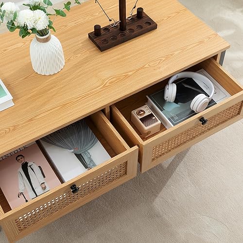 Miniatura 5 de Mesa de centro moderna de mediados de siglo con cajones de ratán natural, mesa de centro bohemia con almacenamiento, mesas de madera de granja,