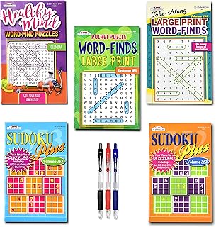 Variety Savings 5-Pack 450+ Travel-Size Sudoku Book,Sudoku Puzzles for Adults, Large Print WordSearch Puzzle Books for Adults, Aging Seniors Brain Stimulation Variety Pack Bulk â€“ Digest Size 8x5