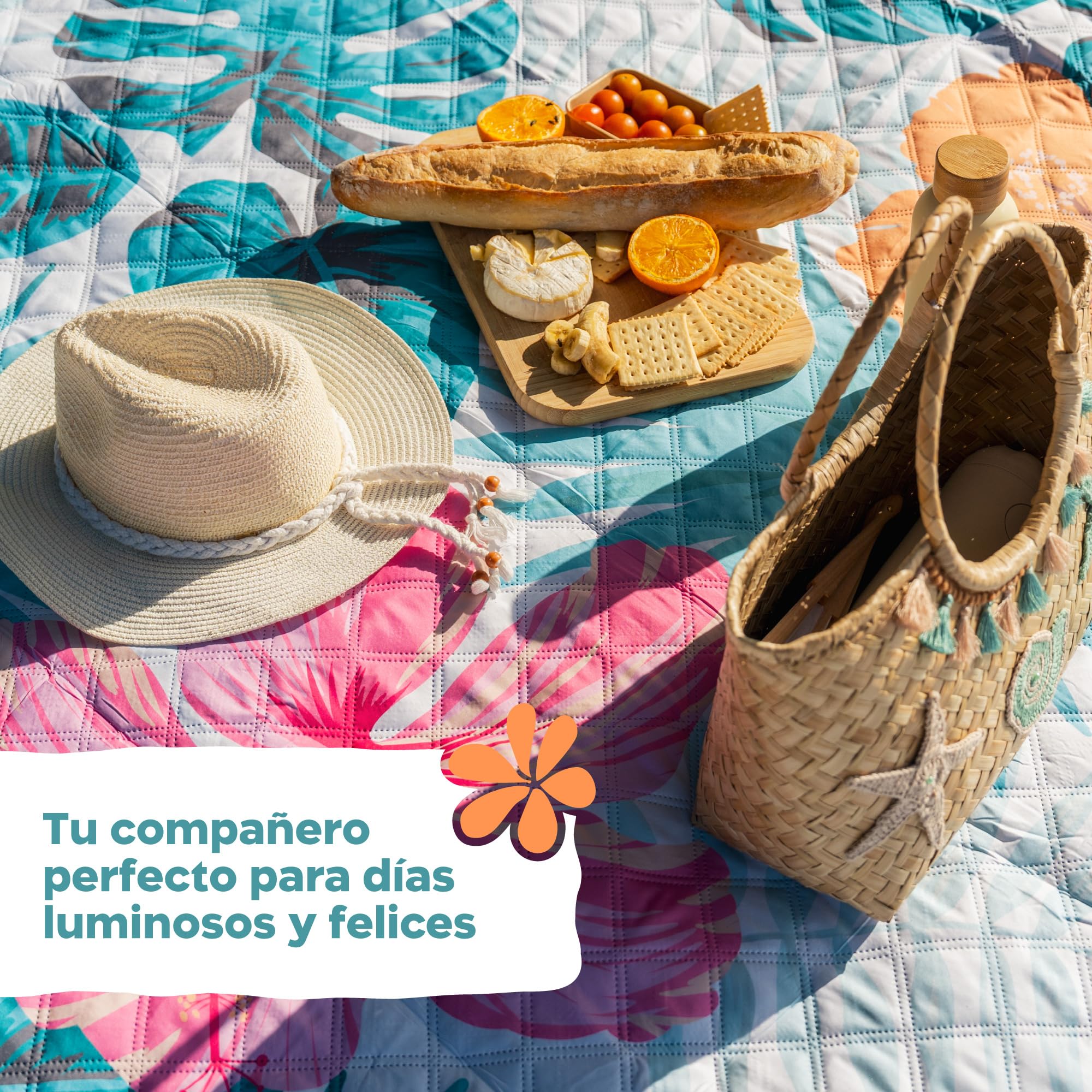 Twinzee Manta Picnic Impermeable y Lavable - Manta Impermeable 200x200 cm Portátil para Playa, Barbacoa, Pícnic - Toalla Playa Grande Antiarena - Floral