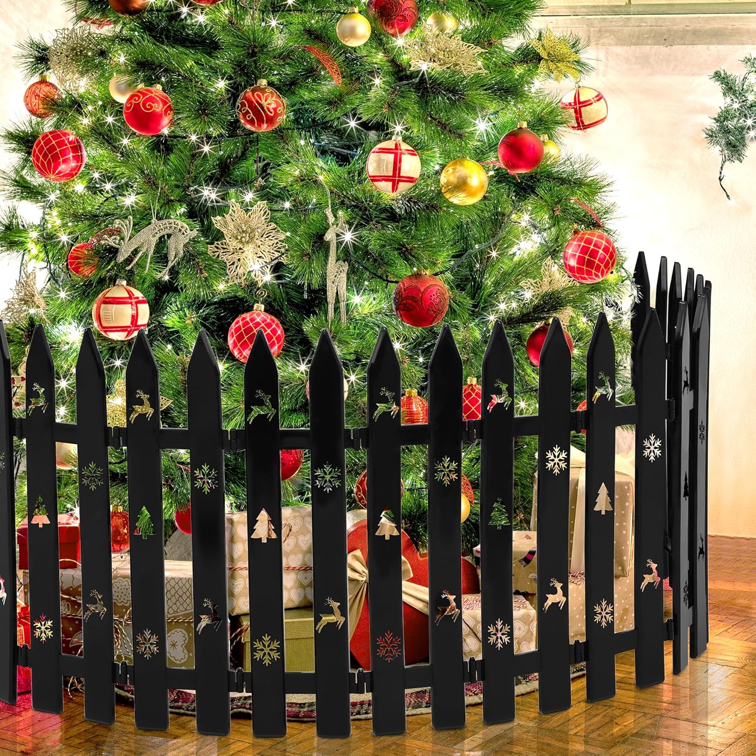 Aodaer 24 Pcs 16 Inch Tall Christmas Tree Fence Thick Plastic Picket Fence Christmas Tree Gate Hollow Decorative Barrier for Dogs Cats Pets Xmas Garden Party, Black, Elk, Snowflakes, Xmas Trees