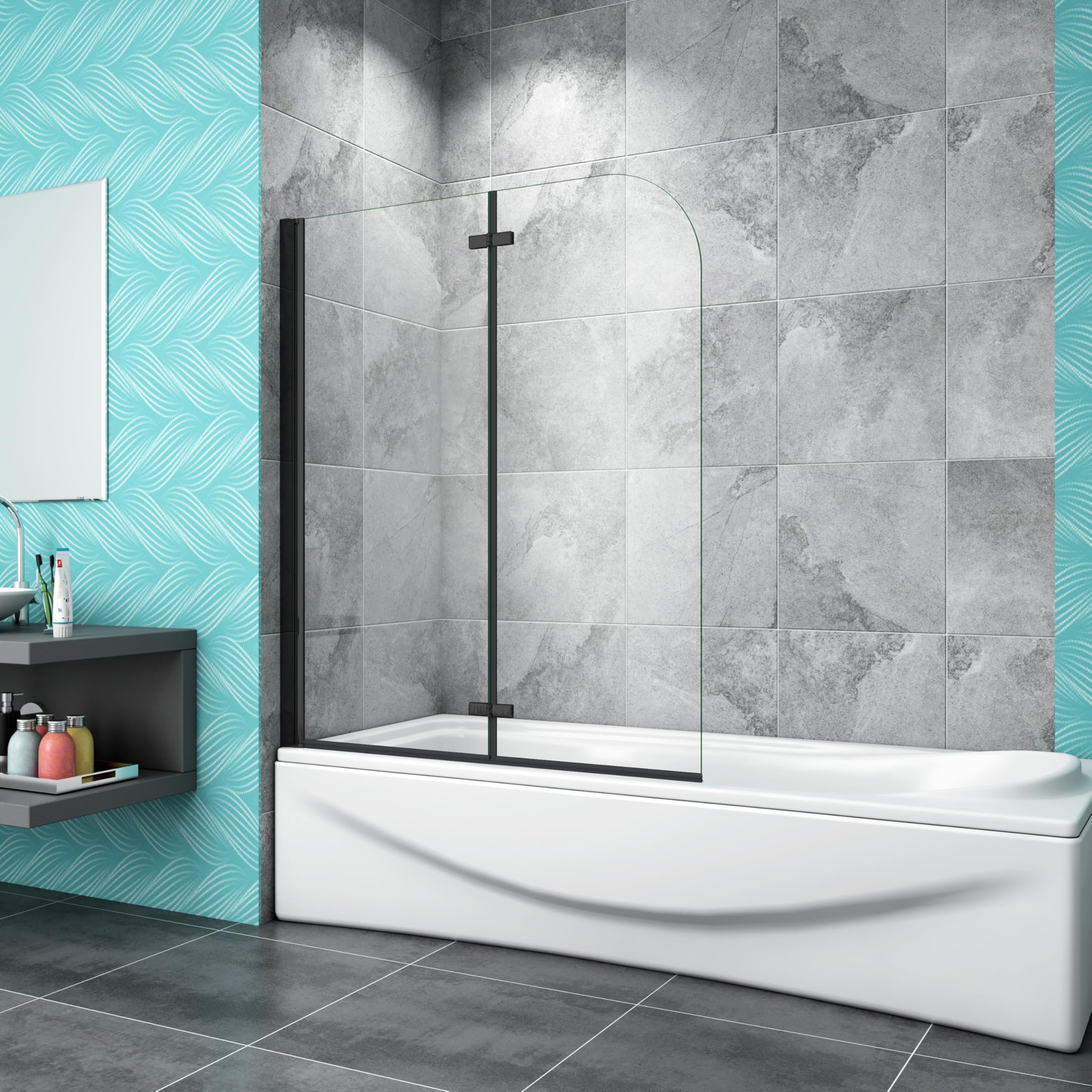 Probaty Bathrooms Black 900X1400mm Matt Hinged 2 Easy Clean Glass Over Bath Shower Door Panel Folding Screen