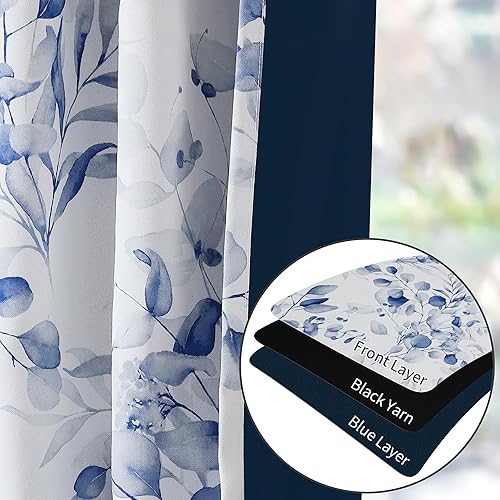 Miniatura 4 de Cortinas 100% opacas con patrón floral azul, 63 pulgadas de largo para dormitorio, estampado de hojas de acuarela, cortinas con aislamiento térmico