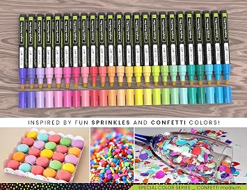 24 Confetti Colors Acrylic Paint Pens Markers Set 3mm Medium Tip, Rock Painting, Glass, Mugs, Wood, Metal, Canvas, Pottery, Plastic, DIY Projects, Illustration. Non Toxic, Waterbased, Quick Drying