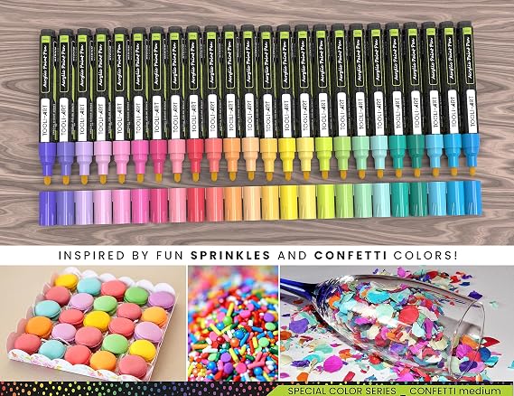 24 Confetti Colors Acrylic Paint Pens Markers Set 3mm Medium Tip, Rock Painting, Glass, Mugs, Wood, Metal, Canvas, Pottery, Plastic, DIY Projects, Illustration. Non Toxic, Waterbased, Quick Drying