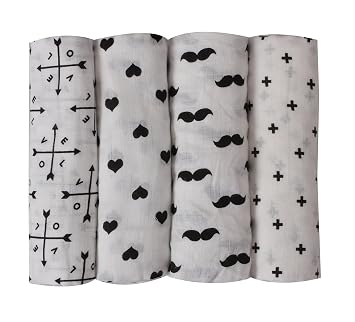 Bacati - Love Multipurpose Muslin Squares, 30 x 30 4 Pack Love Arrow, Hearts, Mustache, Cross Black