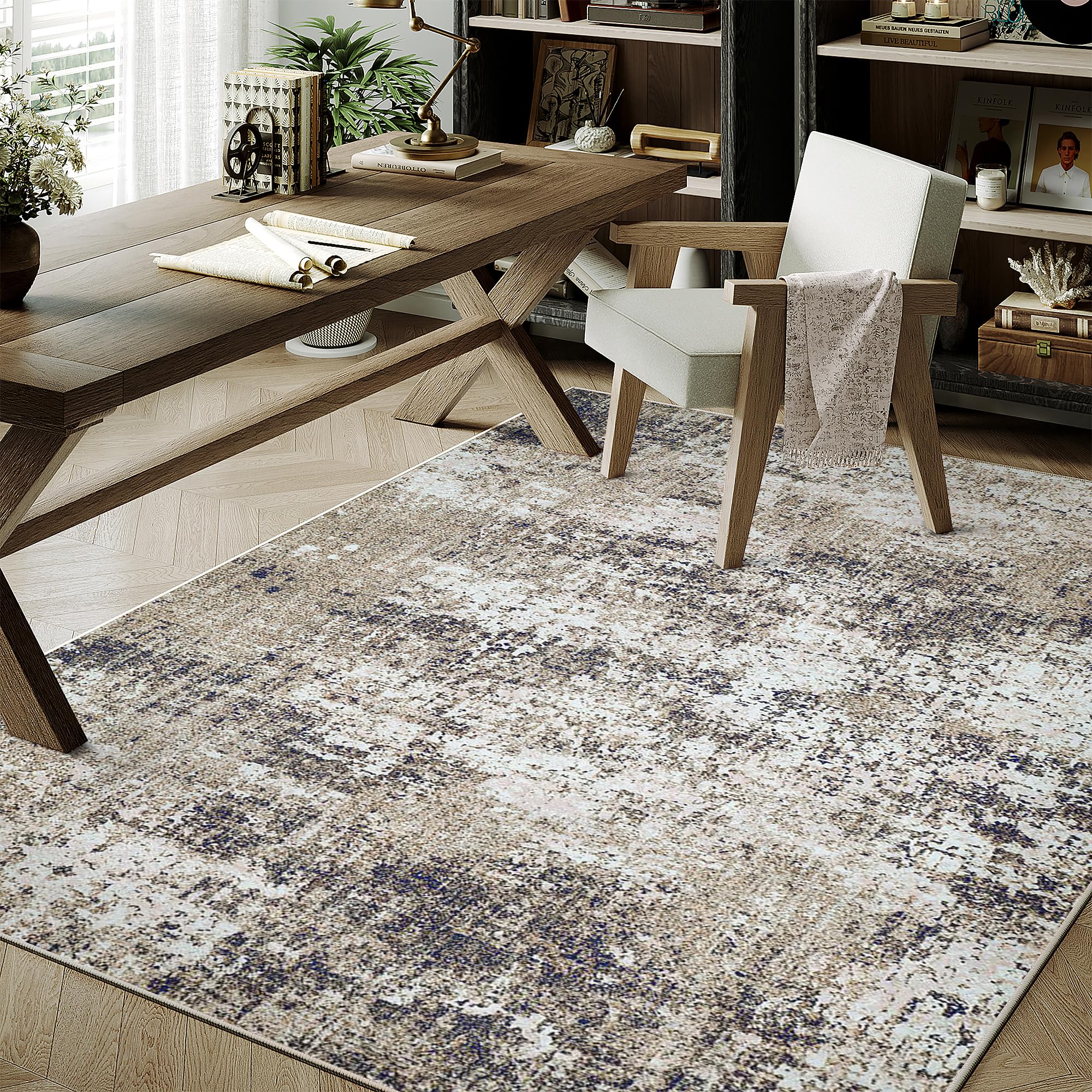 PureCozy Washable Brown Area Rug 3x5 Modern Abstract Office Carpet Neutral Soft Entryway Door Mat Low Pile Non Slip Indoor...