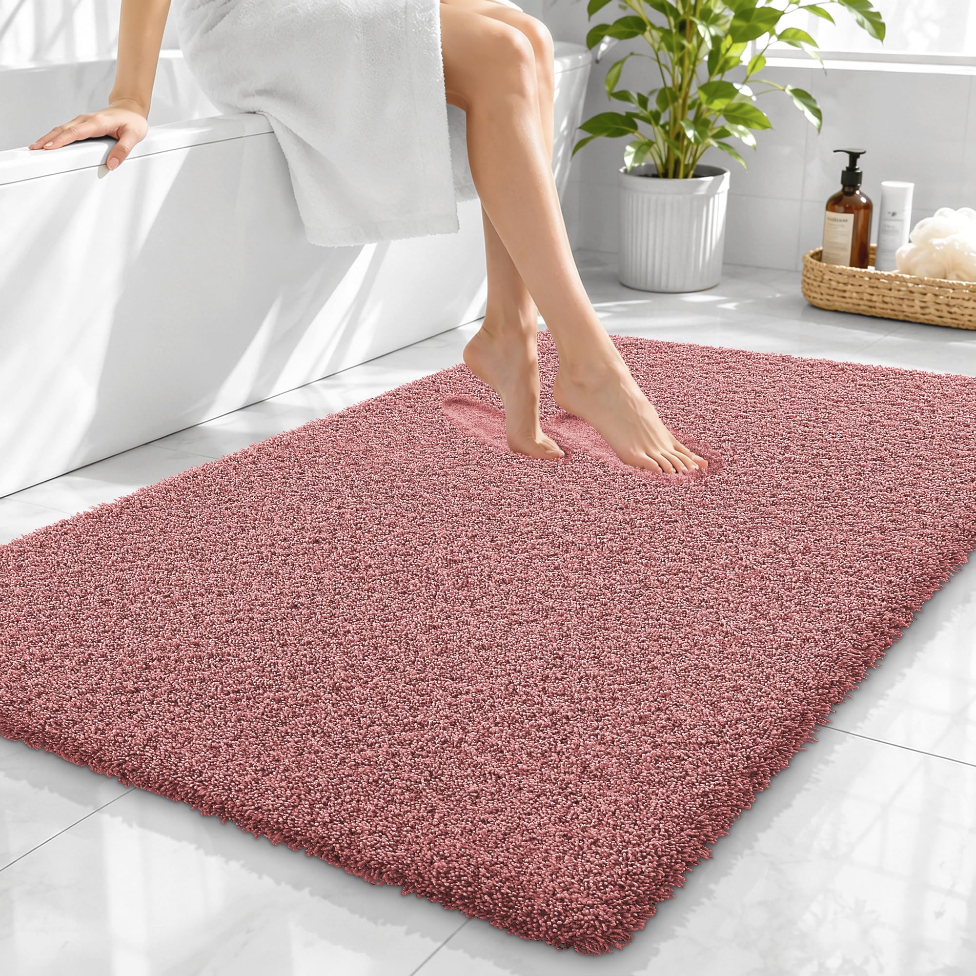 OLANLY Microfiber Large Bathroom Rugs 40x32, Ultra Soft Bath Mat, Deep Rose