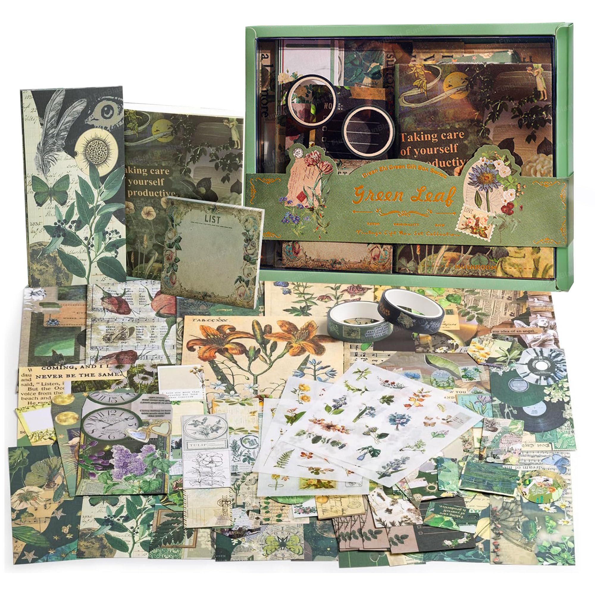 FunBlast Aesthetic Scrapbooking Kit – 213 Pcs Vintage Junk Journal Supplies with Scrapbook Paper, Washi Stickers, A6 Grid Notebook, DIY Craft Journaling Gift for Teen, Girl, Adult (Green)