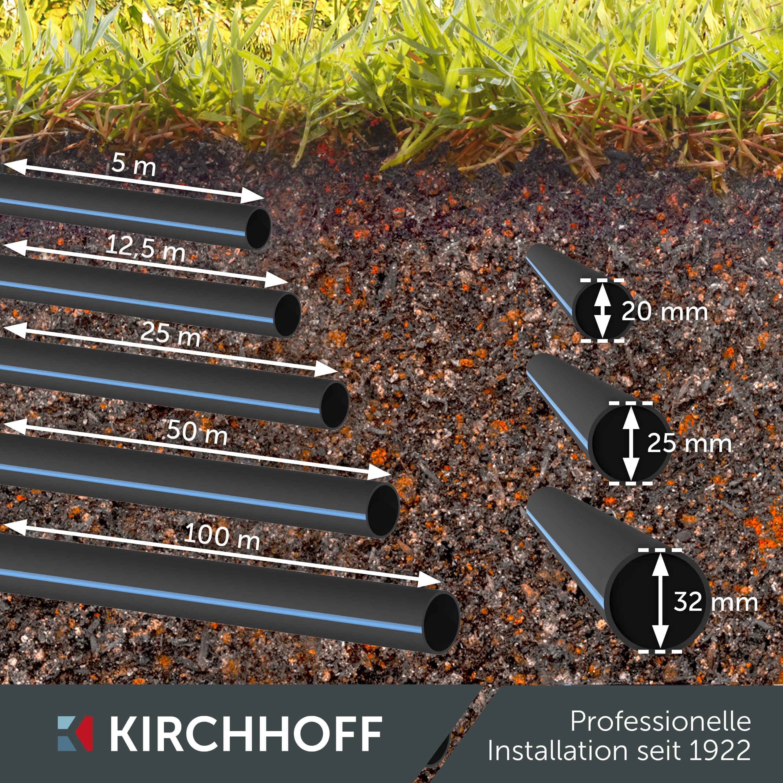 Kirchhoff conduite d'eau pour l'arrosage du jardin 20 mm x 100 m | tuyau PE pour système sprinkler | tuyau de pose HDPE | DVGW | conduite d'eau potable | Made in EU
