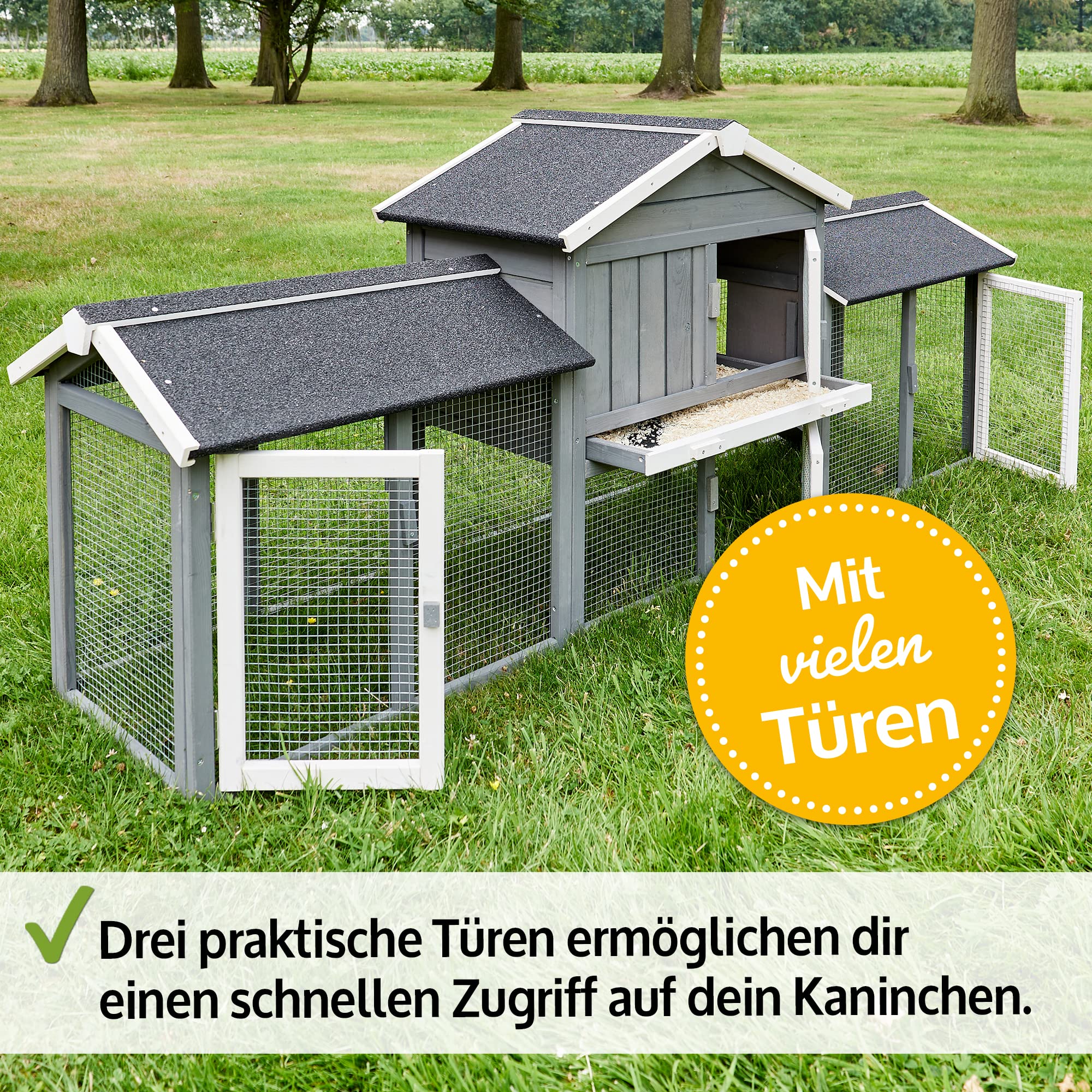 zooprinz großer & moderner Hasenstall, Kaninchenstall - aus massivem Vollholz ideal für draußen - Einfach zu reinigen Dank extra hoher Kotschublade - Kleintierstall mit natürlichen Farbe gestrichen
