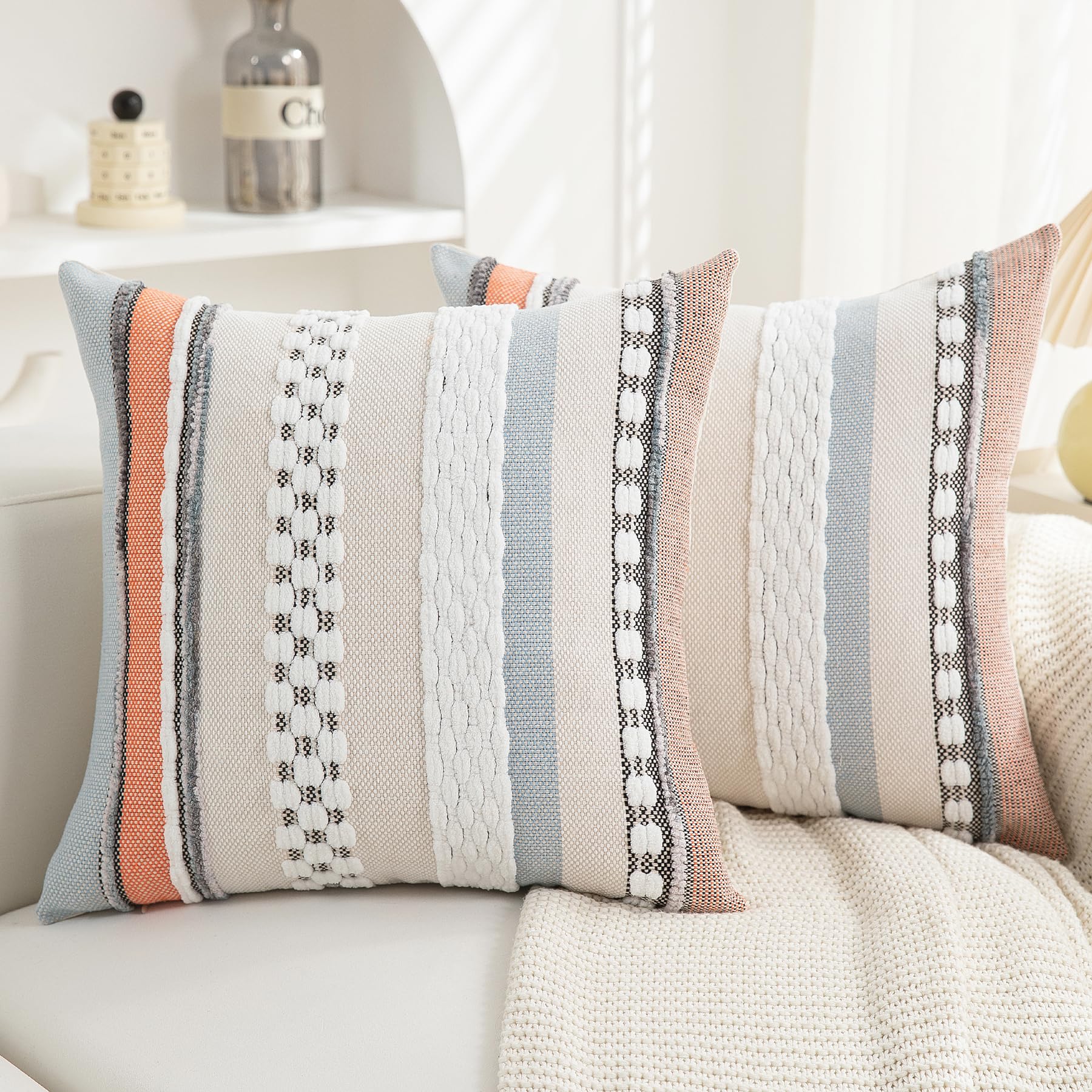 Boho Pillow Covers 18x18 Set of 2 for Couch-Modern Farmhouse Sofa Decorative Throw Pillow Covers Textured Chenille Cushion Covers Outdoor Netural