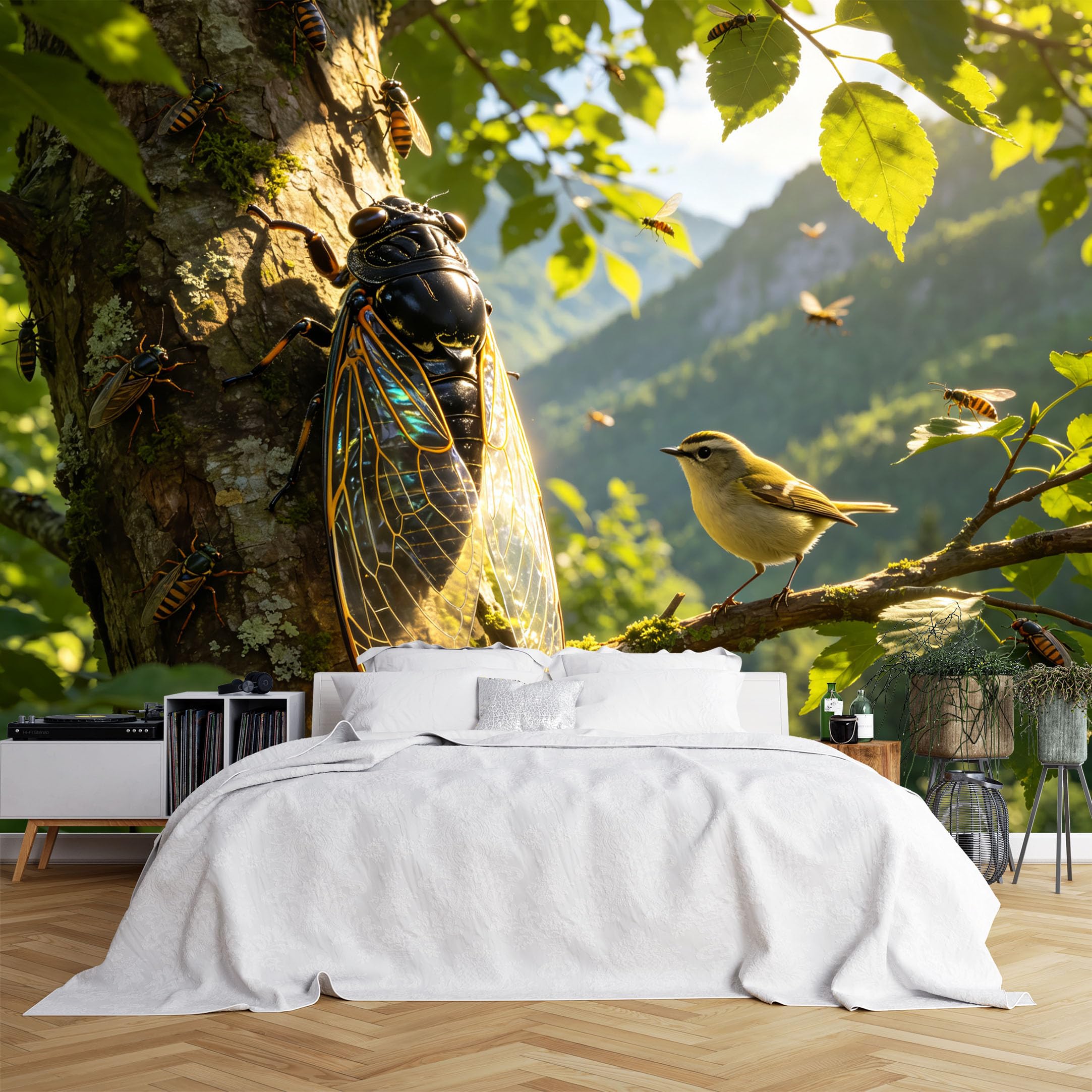 Lcythiazole Ch260615188 Custom Size Wall Murals Giant Cicada Tree Small Birds Mountain Forest Wildlife Hd Home Decor Self-Adhesive Wall Fabric (No Pvc) Removable Wallpaper For Classroom Decor