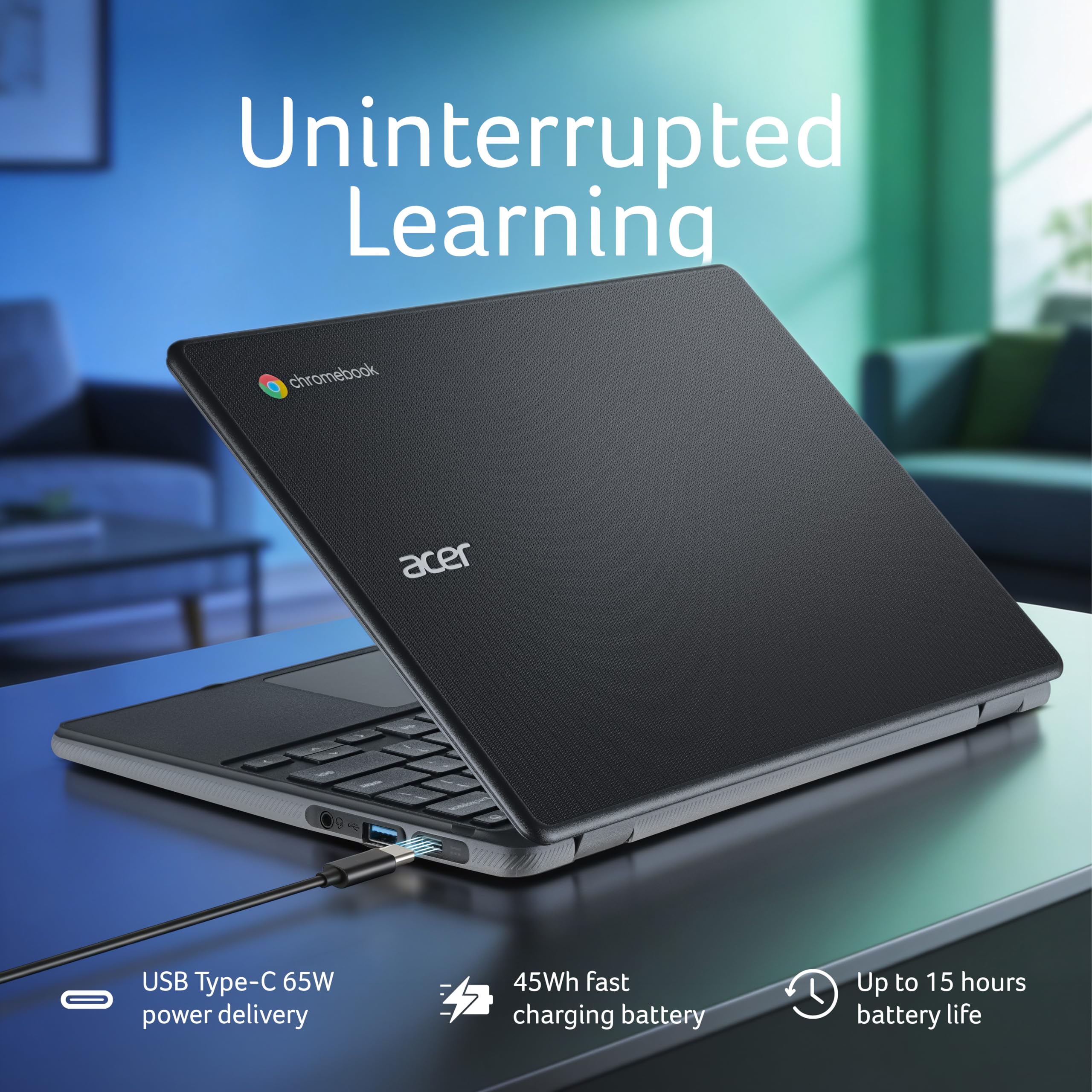 Acer Chromebook, MediaTek Kompanio 540 Octa-Core Processor, 4GB RAM, 64GB eMMC, Full HD, 11.6"/27.94cm Display, Chrome OS, Black, 1.2 KG, C725, Arm Mali G57 Graphics, WiFi 6E Laptop — Amazon image 8