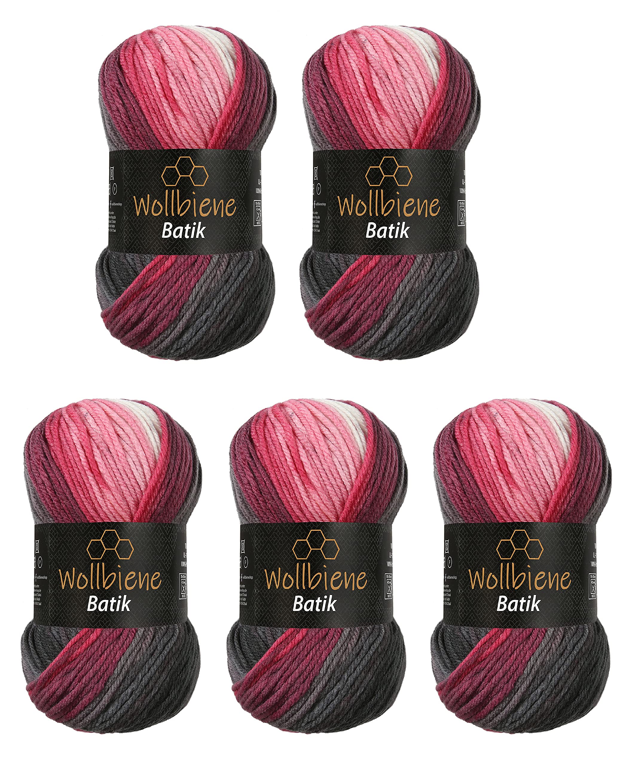 5 x 100 g Wollbiene Batik, 500 g Wool with Colour Gradient, Multicoloured, Knitting Wool, Crochet Wool (5100 Grey, Berry, White) โ image 1