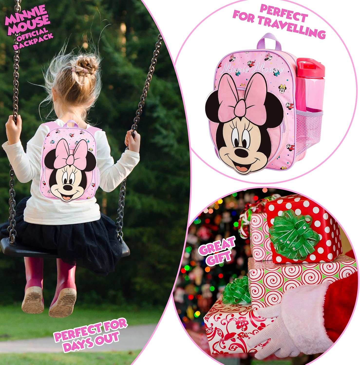 Disney Mini Backpack for Girls Toddlers 12x9” Preschool Backpack for Daycare Travel School Supplies Gifts for Girls (Pink Minnie 3D)