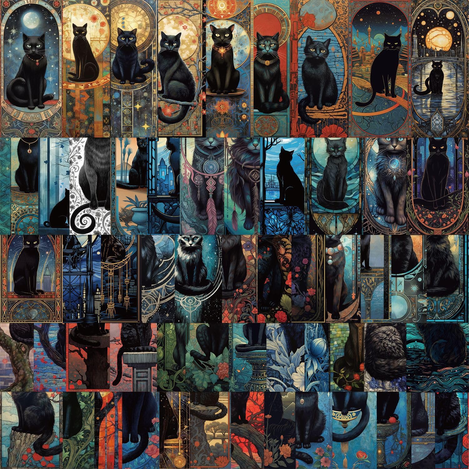 60 Pcs Mysterious Black Cat Art Nouveau Stickers - Medieval Gothic Dark Witch Kitty Stickers for Laptops,Water Bottles,Scrapbooking,Journals,Halloween