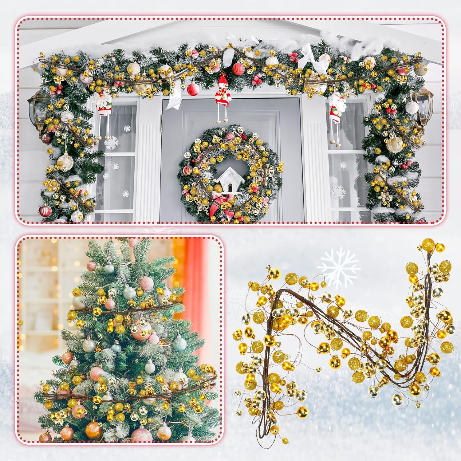 WILLBOND 9 ft Gold Assorted Christmas Ball Garland Ball Ornaments Hanging Baubles Ornament for Xmas Christmas Tree Fireplace Wreath Indoor Outdoor Home Office Decoration