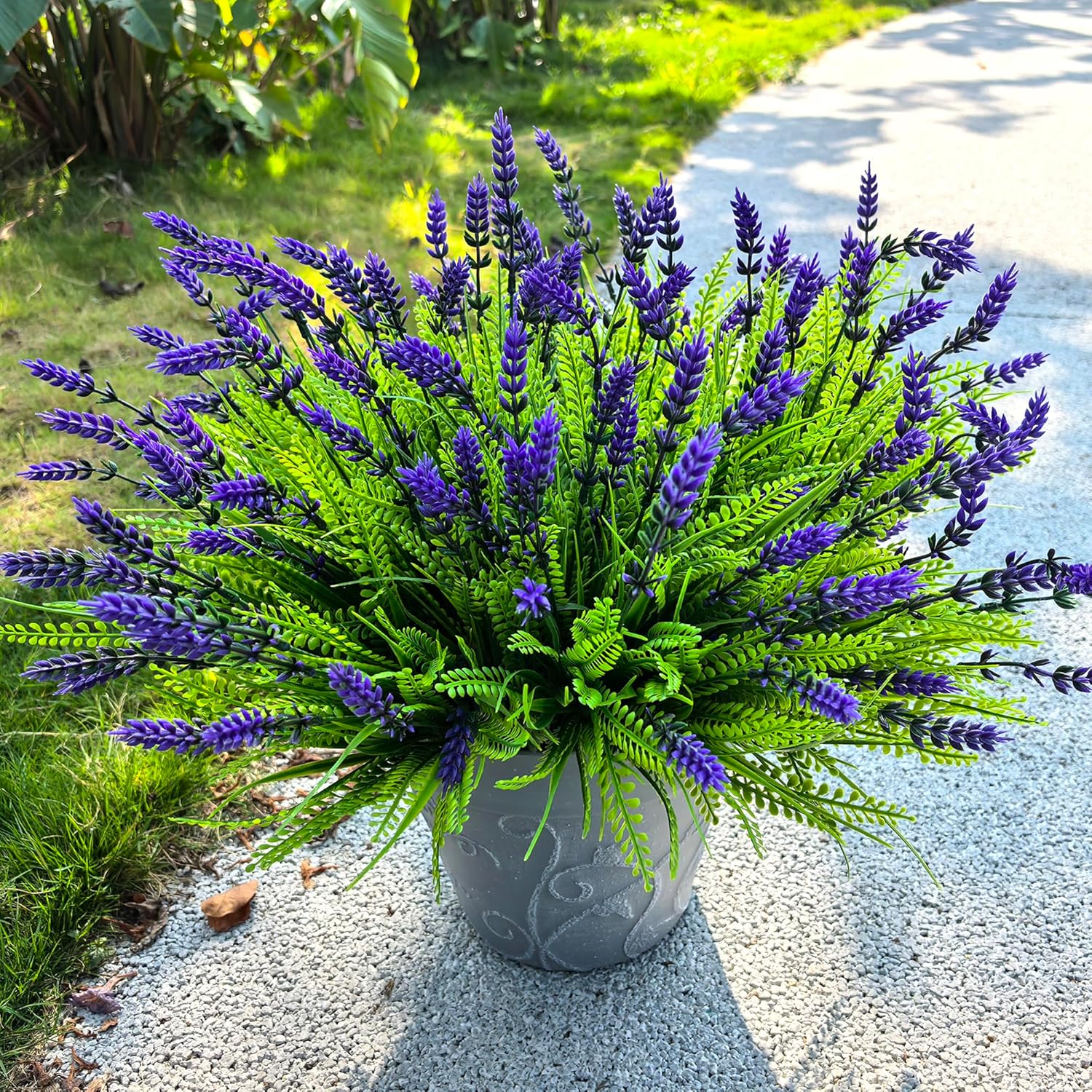 17.8" Tall Artificial Faux Plants Flowers for Outdoor Spring Summer Decorations, UV Resistant Fake Lavender Flowers Realistic Fake Plants Monkey Grass for Porch Garden Patio Window Box