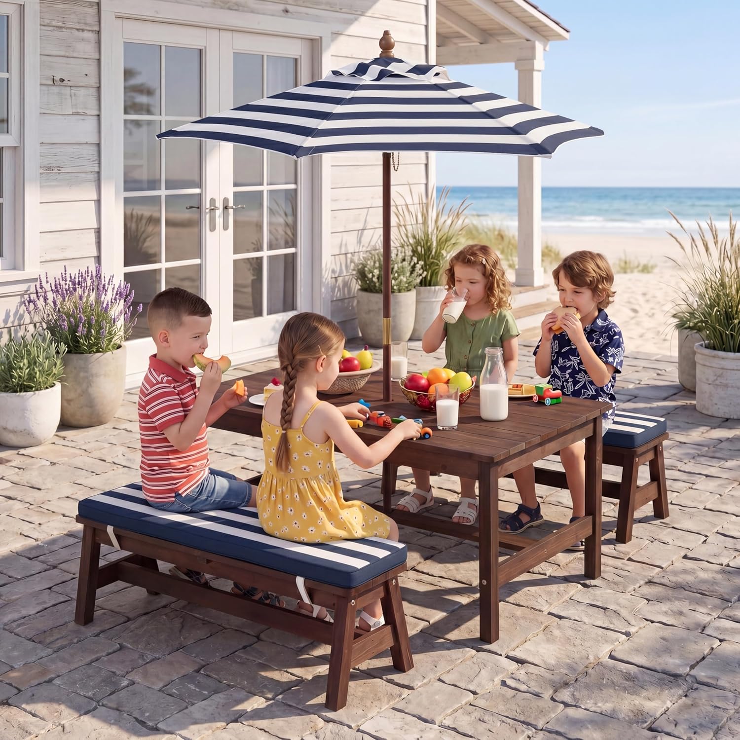 HONEY JOY Kids Picnic Table, Fir Wood Toddler Outdoor Table & Bench Set w/Removable Cushions and Umbrella, Ground Stakes, Children Backyard Furniture for Patio Garden Poolside, Seats for 4 (Walnut)