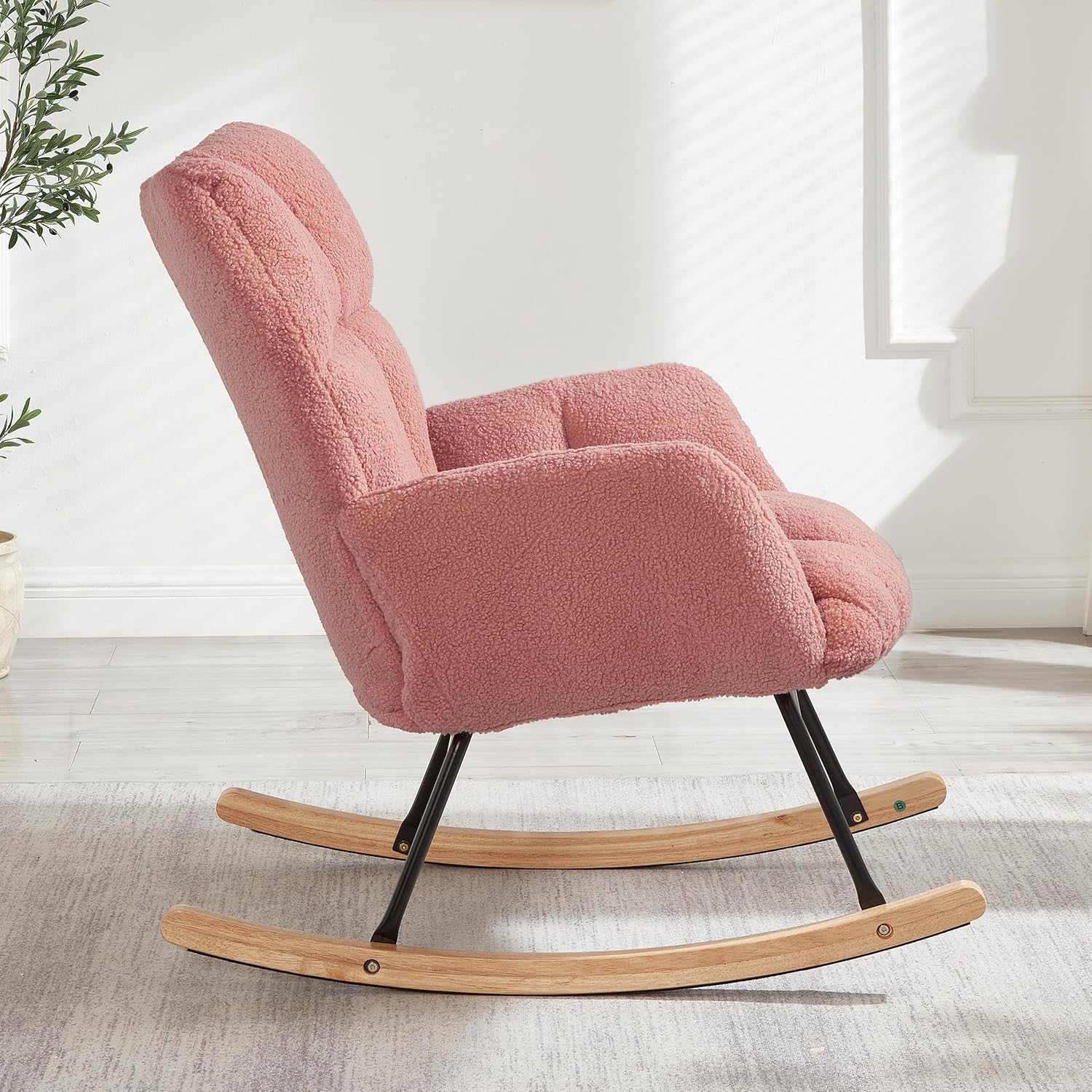 Setawix Upholstered Rocking Chair with Arms for Nursery,Tufted Rocker Glider Chairs,Teddy Fabric Rocking Armchair,Mid Century Modern Accent Chairs for Living Room,Bedroom (Teddy Pink, 27.2")