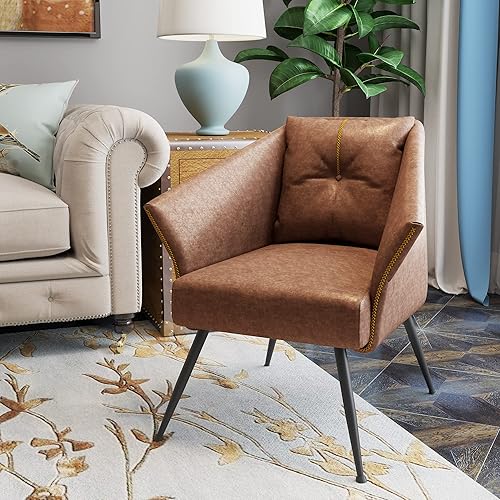 Miniatura 6 de Accent Chairs - Silla moderna cómoda de mediados de siglo, para sala de estar, dormitorio, lectura, silla de piel sintética, color marrón 1