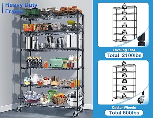 Miniatura 4 de Estantería de alambre de metal de 6 niveles con ruedas, estante de almacenamiento ajustable en altura con certificación NSF, estantes de