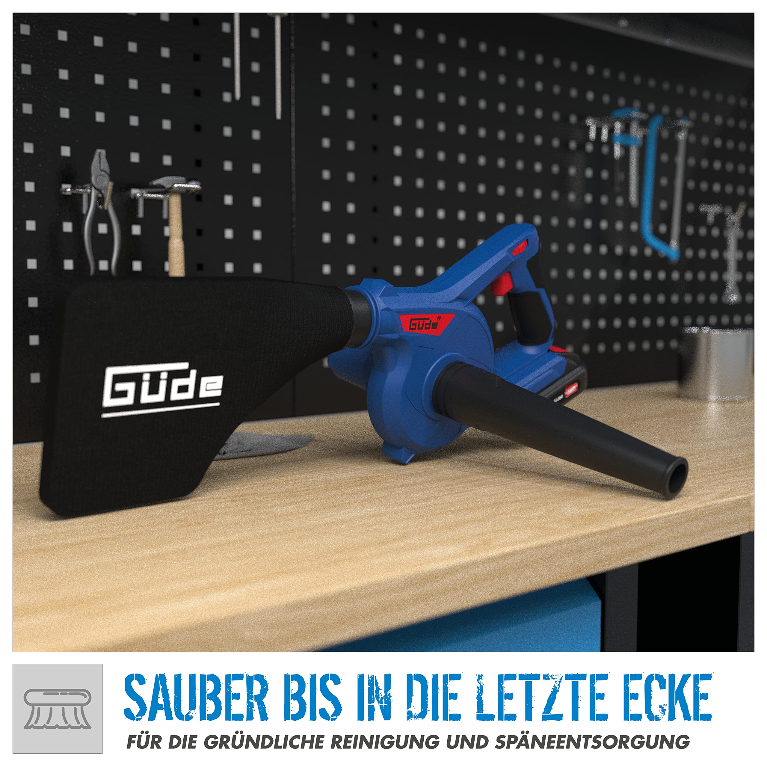Güde Souffleur à Batterie et tétine Bus 18-0 (18 V, Lithium-ION, souffleur à Feuilles, aspirateur d'atelier, Vitesse de soufflage jusqu'à 270 km/h, débit d'air : 156 m³/h)