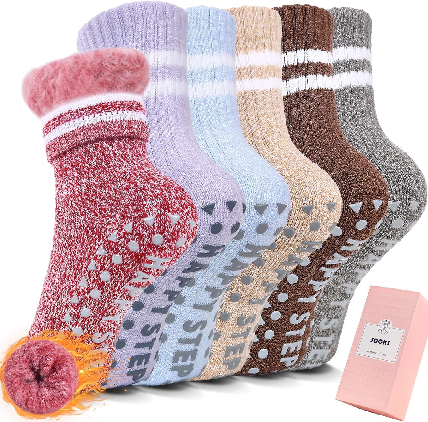 HUGSWEET Kids Thermal Slipper Socks Children Boys Girls Cabin Cozy Fluffy Warm Winter Fuzzy Socks with Non Slip Girps 6 Pairs