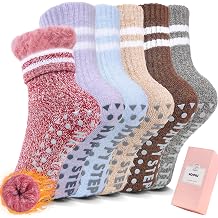 HUGSWEET Kids Thermal Slipper Socks Warm Fuzzy Socks for Boys Girls 6 Pairs | Winter Cabin Cozy Fuzzy Socks with Non Slip Girps Birthday Christmas Childrens Day White Elephant Gifts for 6-12 Years Old