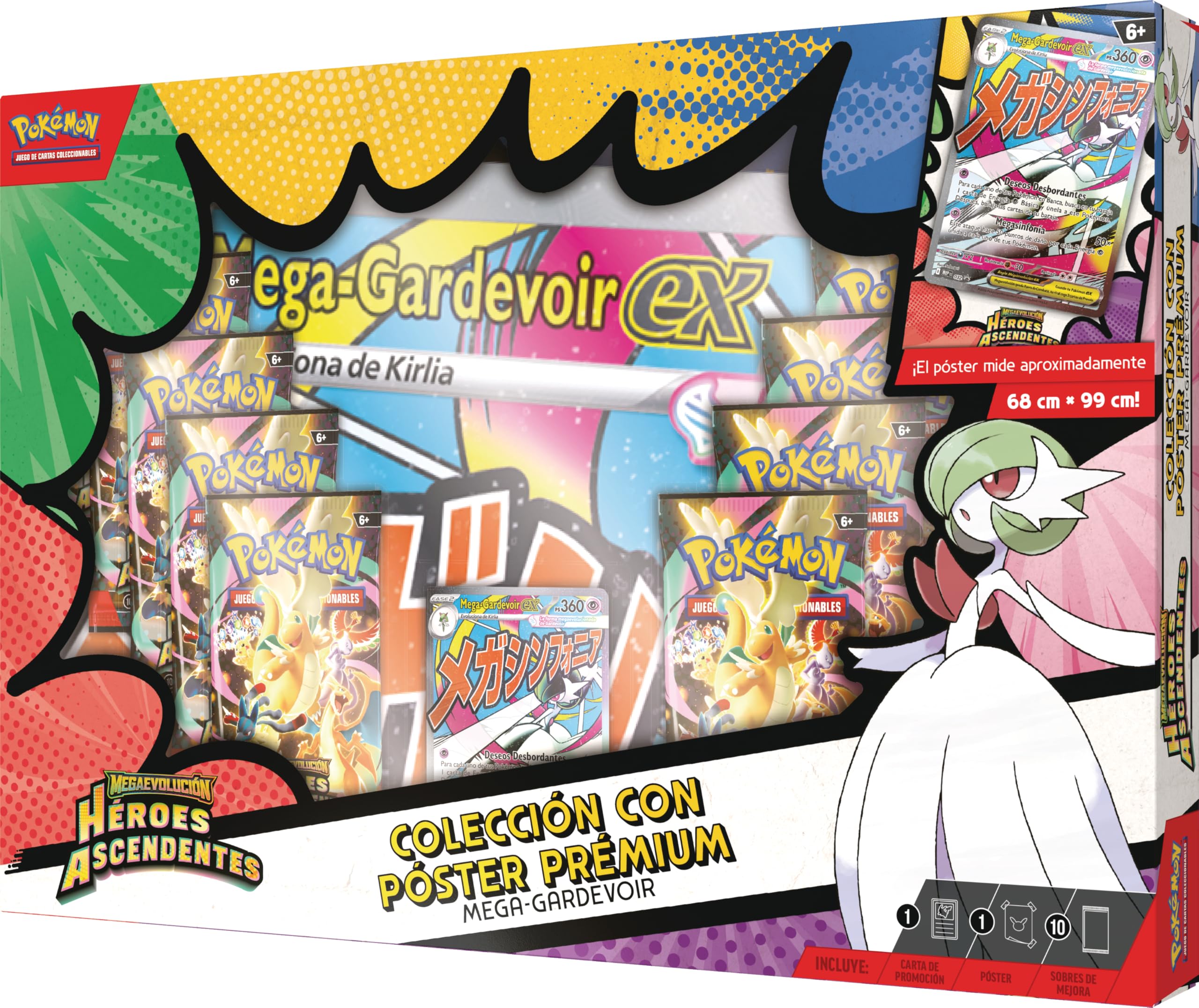 Pokémon: Colección con póster prémium Mega-Gardevoir de Megaevolución-Héroes Ascendentes (1 Carta holográfica de promoción, 1 póster Impreso por ambas Caras y 10 Sobres de Mejora)