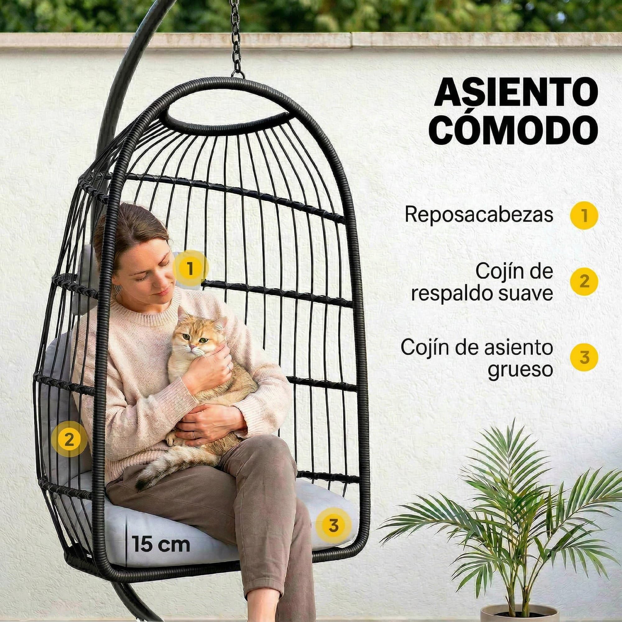 Outsunny Silla Colgante Huevo con Soporte Cesta Plegable Ratán Gris Claro | Columpio Jardín Exterior, Cojín Grueso, Reposacabezas, Altura Ajustable, Estructura Metálica, para Interior y Exterior