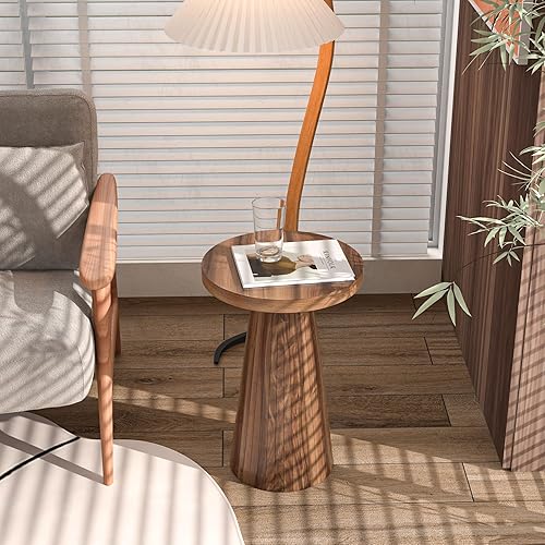 Miniatura 7 de Pequeña mesa auxiliar redonda con pedestal, mesa auxiliar de madera para sala de estar, mesa de bebidas acanalada para espacios pequeños, mesa