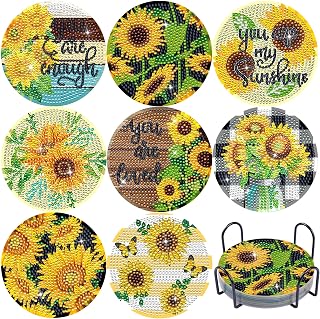 8 PCS Sunflower Diamond Painting Coasters Kit Flower Diamond Art Coasters Farmhouse Inspirational DIY Diamond Coasters 5D Diamonds Drink Coaster with Cork Bases Holder for Adults Beginners Handicraft