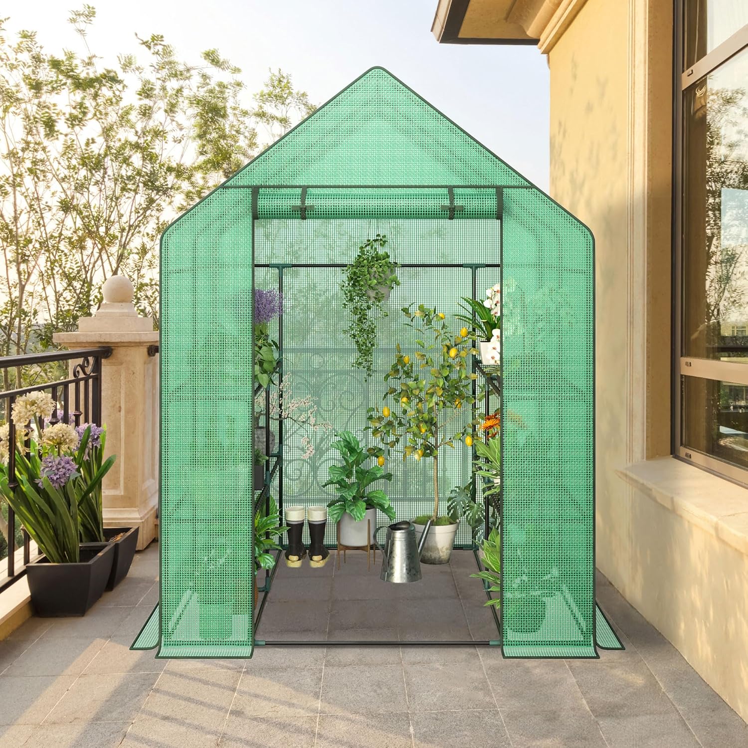 LEMY Walk-in Greenhouse for Outdoors,2-Tier 8 Shelves Heavy-Duty PE Cover with Roll-Up Zipper Door and Windows,Steel Frame Plant Hot House with Anchors,Ropes for Garden,Patio